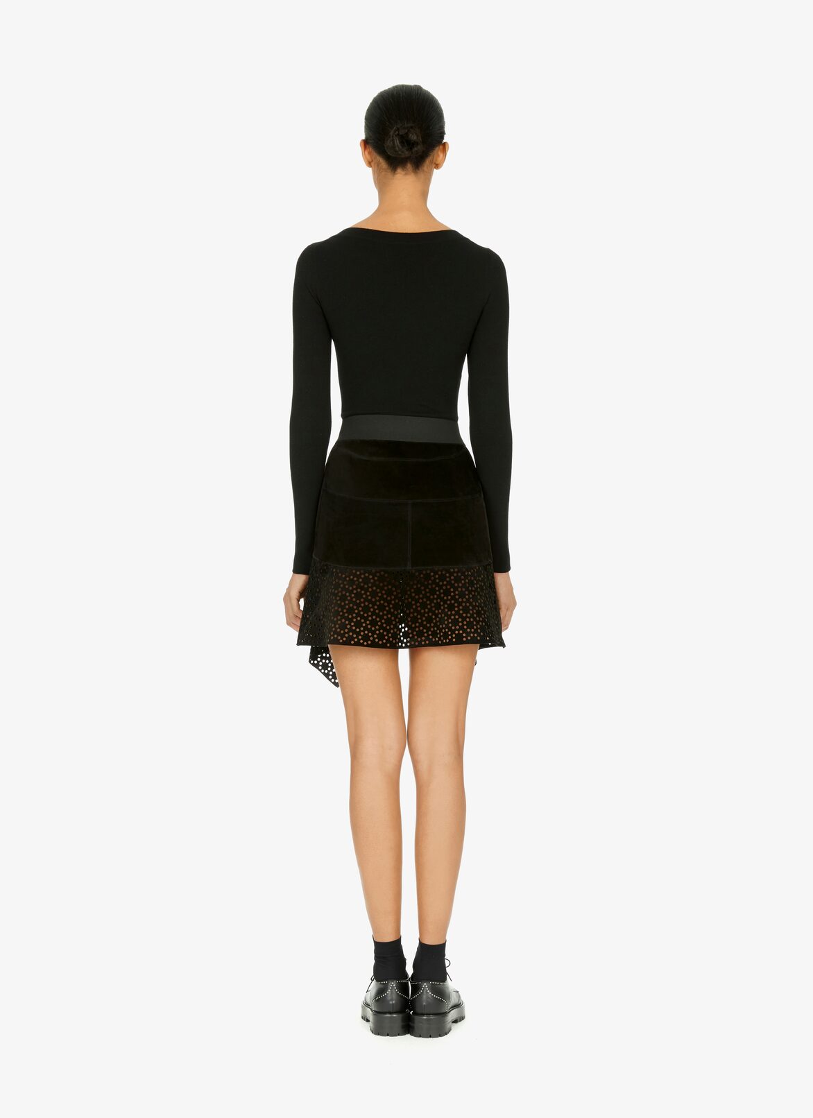 Asymmetrical openwork suede calfskin skirt ALAÏA BLACK ASYMMETRICAL OPENWORK SUEDE CALFSKIN SKIRT